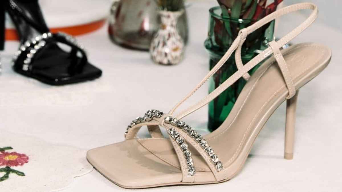Rhinestone high heel sandals by Zara. Beige