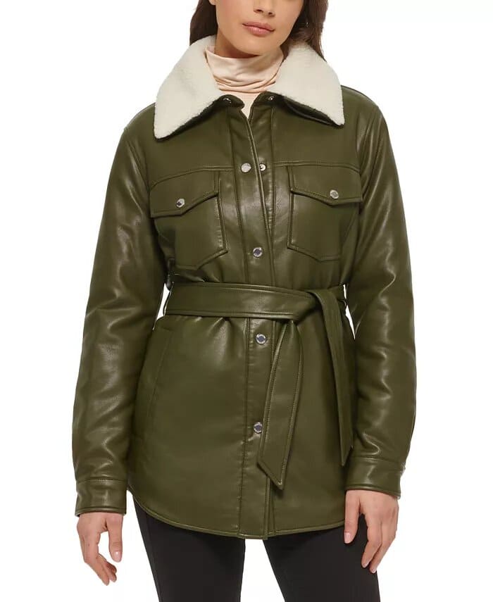 Macy's Women's Belted Faux-Leather & Faux-Fur-Trim Shirt Jacket
