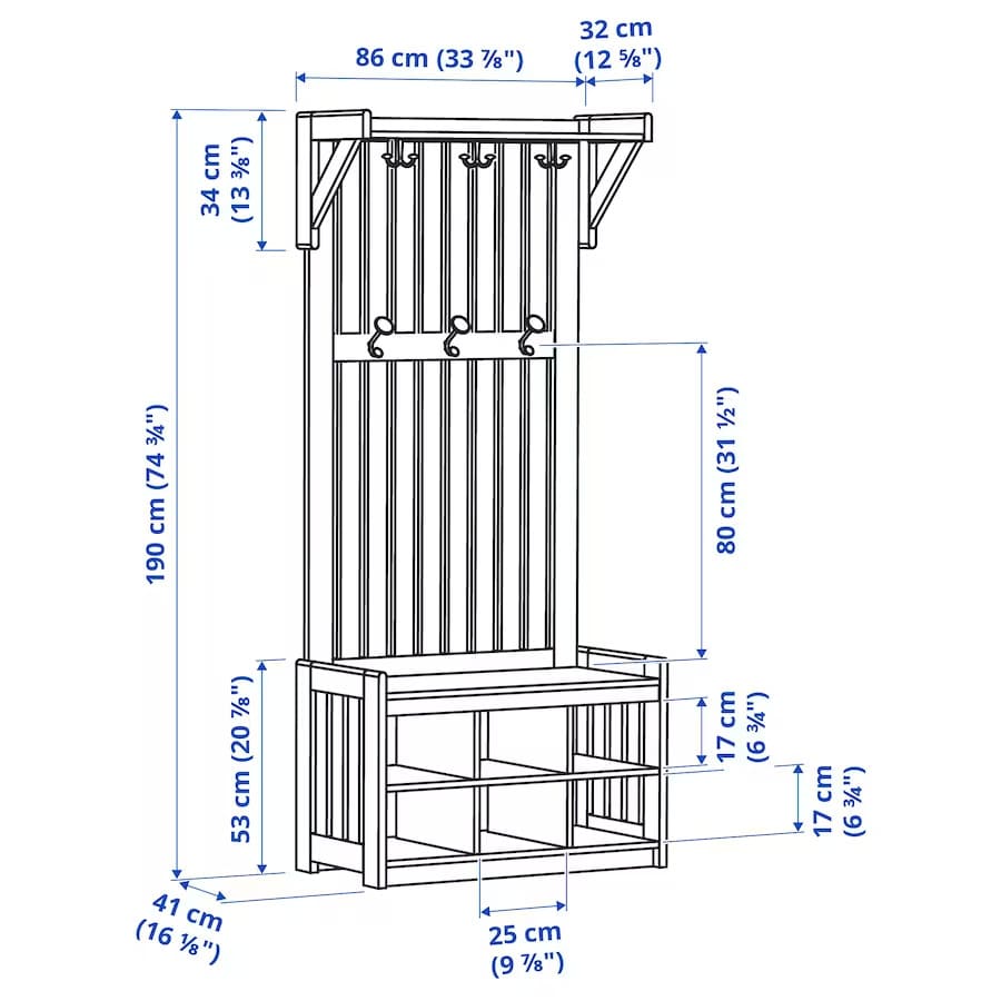IKEA Coat rack with shoe storage bench measures