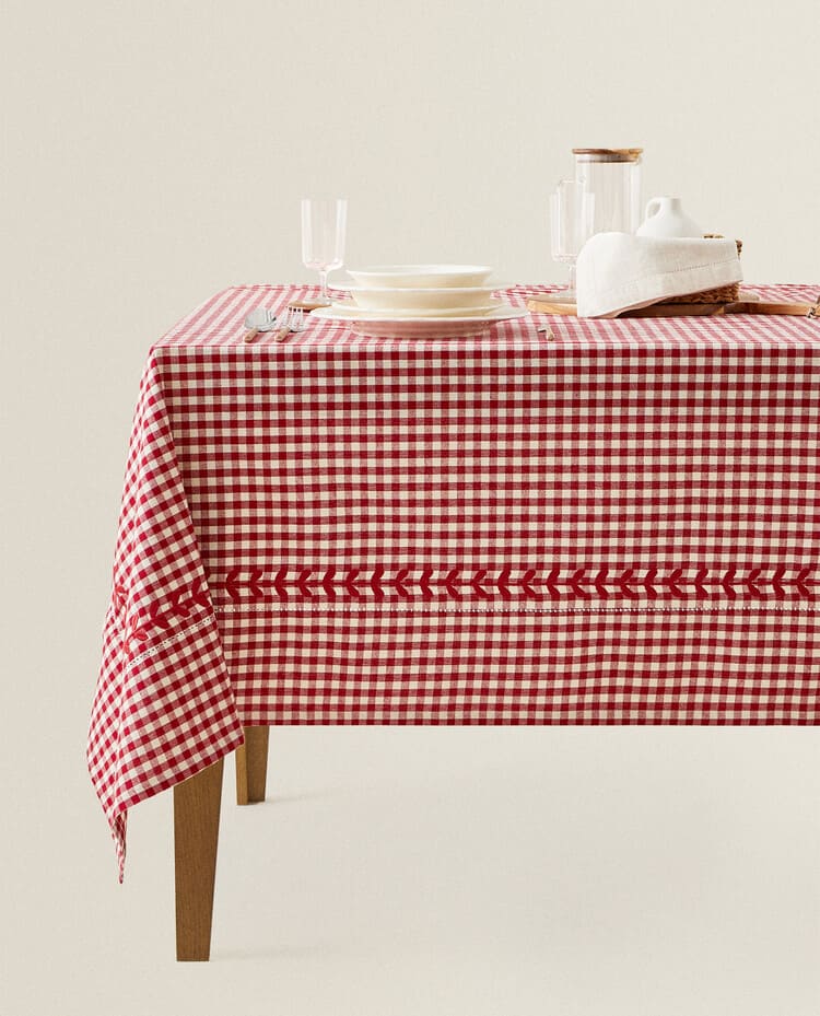 ZARA HOME CHECK EMBROIDERED TABLECLOTH