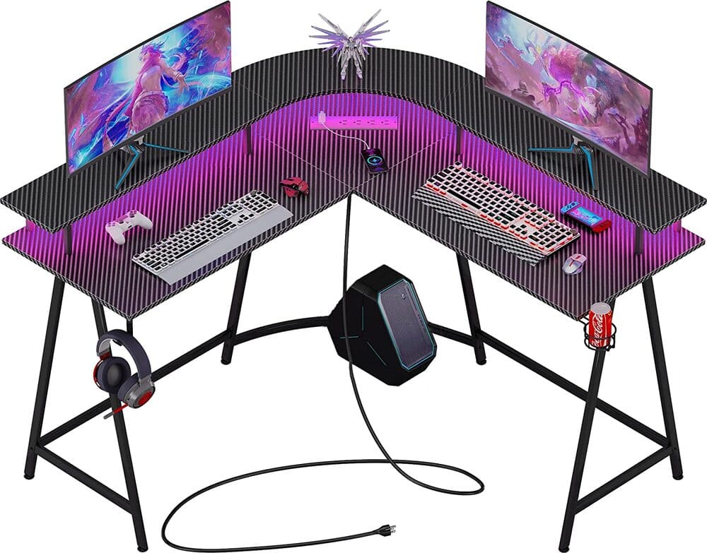 Amazon SUPERJARE L Shaped Gaming Desk with Power Outlets & LED Lights