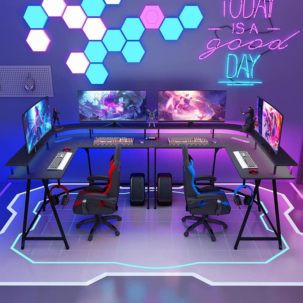 SUPERJARE L Shaped Gaming Desk with Power Outlets & LED Lights
